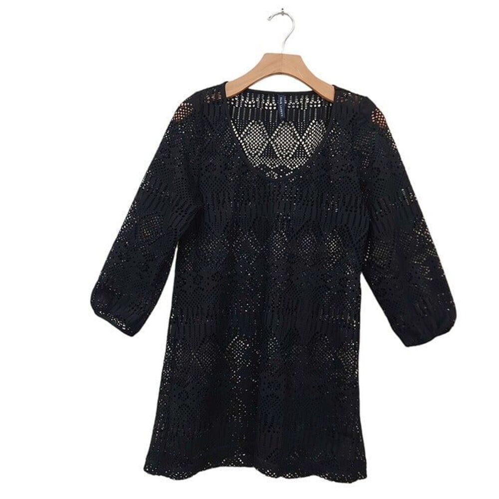 Ralph Lauren Womens Medium Black Sheer Crochet Cover Up 3/4 Sleeve Beach Swim